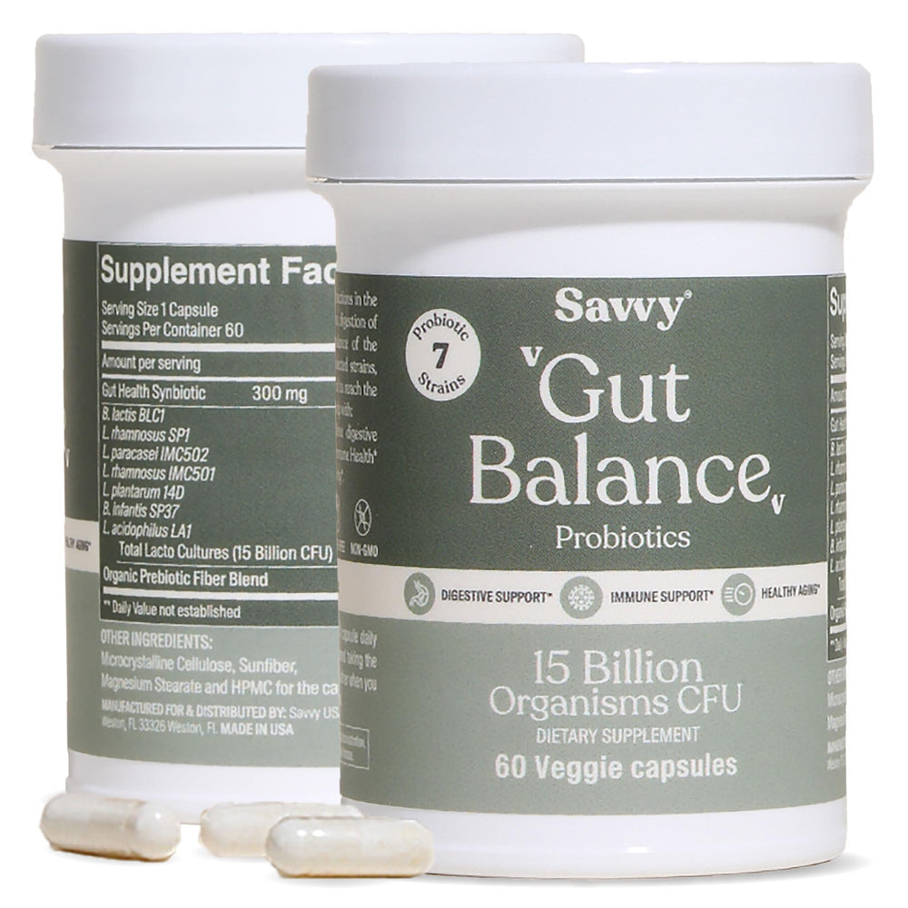SAVVY Gut Balance Probiotics bottle showing 15B CFU for daily digestive support