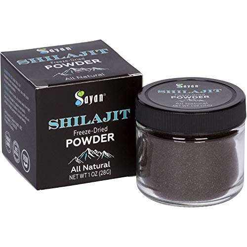 Sayan Pure Shilajit Powder jar front showing premium vitality support.