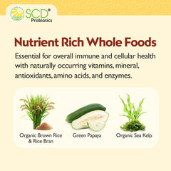 SCD Probiotics Xtra Immunity ingredients scene shows brown rice and sea kelp for essential minerals.