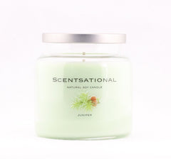 Scentsational Juniper candle close-up creates a calming, aromatic home ambiance.