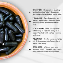 Schizandu Organics coconut charcoal capsules pouring for easy daily detox use.