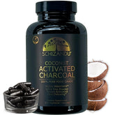 Schizandu Organics activated coconut charcoal capsules bottle front for detox support.