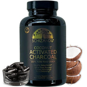 Schizandu Organics activated coconut charcoal capsules bottle front for detox support.