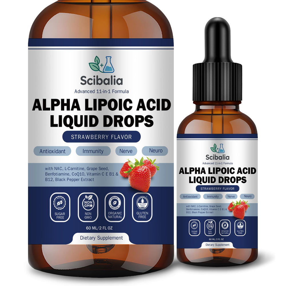 Scibalia Alpha Lipoic Acid liquid drops bottle shows a potent antioxidant blend for daily energy support.