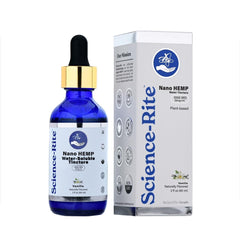 Science-Rite Nano water-soluble hemp bottle with vanilla label for quick absorption.