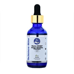 Science-Rite Nano Water-Soluble Hemp Vanilla dropper illustrates fast-acting relief potential.