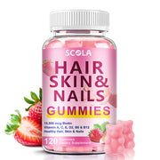 SCOLA Hair Skin and Nails Gummies bottle supports healthy-looking hair, nails, and skin.