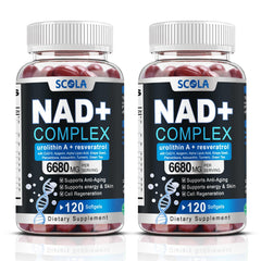 SCOLA NAD softgels bottle close-up highlighting liposomal NAD delivery for daily energy