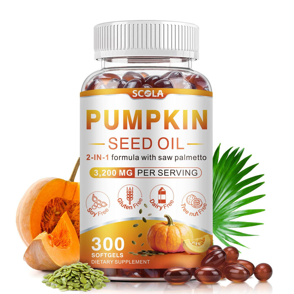 SCOLA pumpkin seed oil bottle highlighting cold-pressed formula for urinary support
