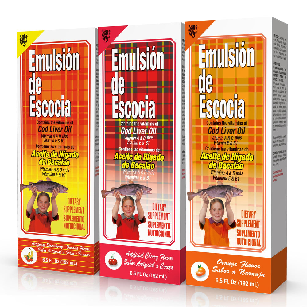 Scottish Emulsion cod liver oil for kids with cherry flavor, easy bottle pour