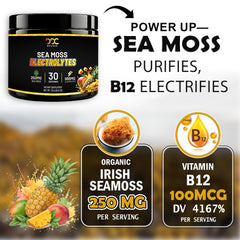 Sea Moss Electrolytes in a glass showcasing vibrant mango pineapple flavor