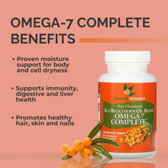 Close-up of SEABUCKWONDERS softgel capsules for convenient omega-7 intake.