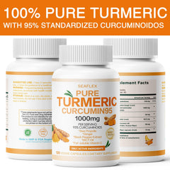 SEAFLEX Turmeric Curcumin 95 capsules closeup highlights vegan-friendly veggie capsules.