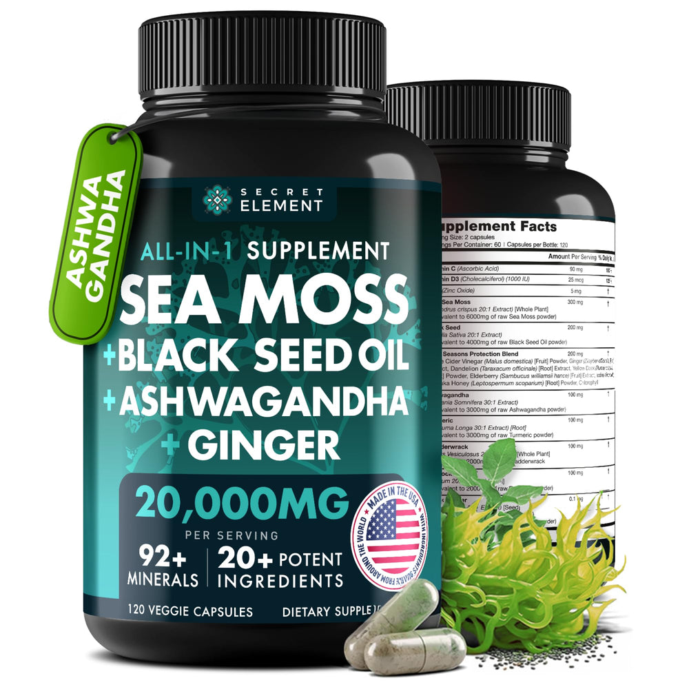 Secret Element seamoss capsules bottle on the kitchen counter showing mineral-rich nutrition.