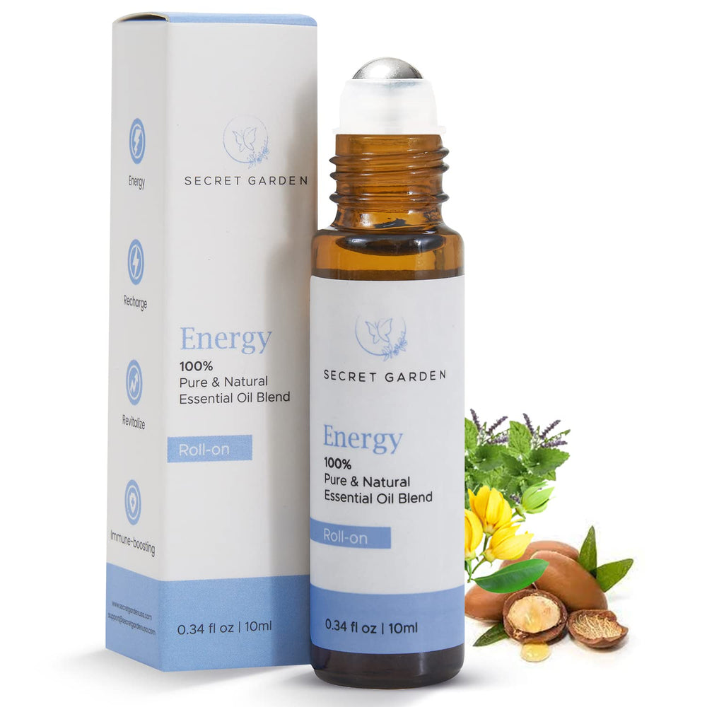 Secret Garden Energy Roll-On bottle pour enhances focus and mood during daily routines.