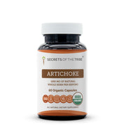 Secrets of the Tribe Artichoke bottle and capsules—organic, high-potency daily supplement.