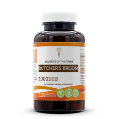 Secrets of the Tribe butcher's broom bottle front highlights high potency for daily wellness.