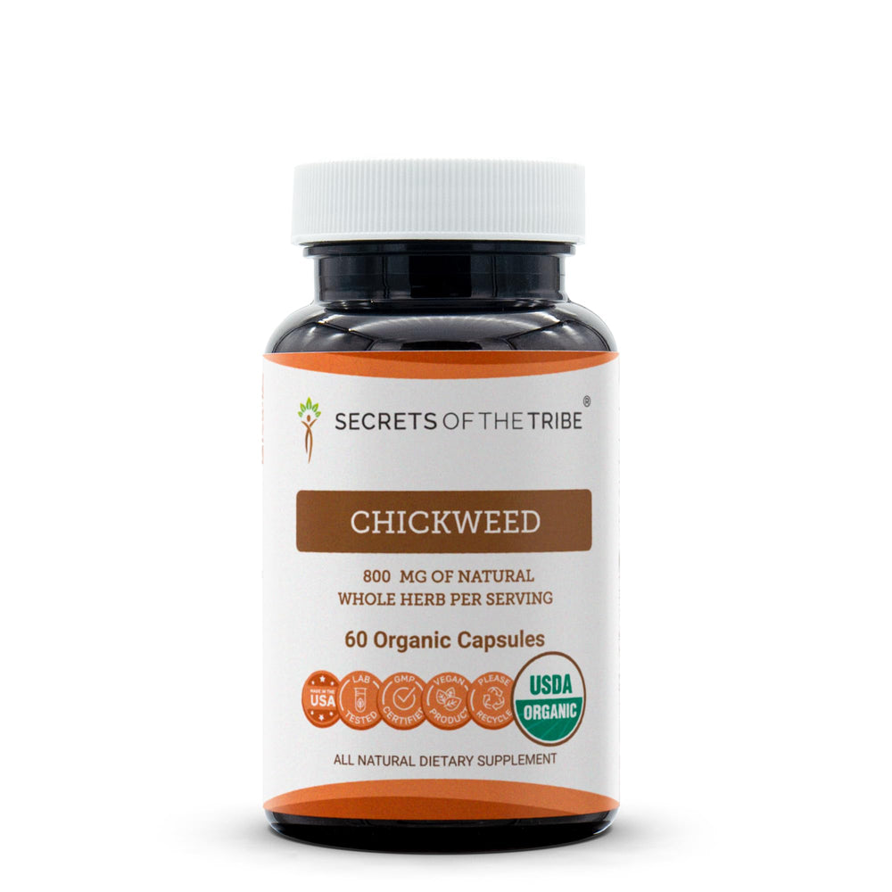 Secrets of the Tribe Chickweed capsules bottle front view promoting organic wellness