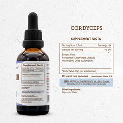 Secrets of the Tribe Cordyceps tincture label shows purity and safety details.