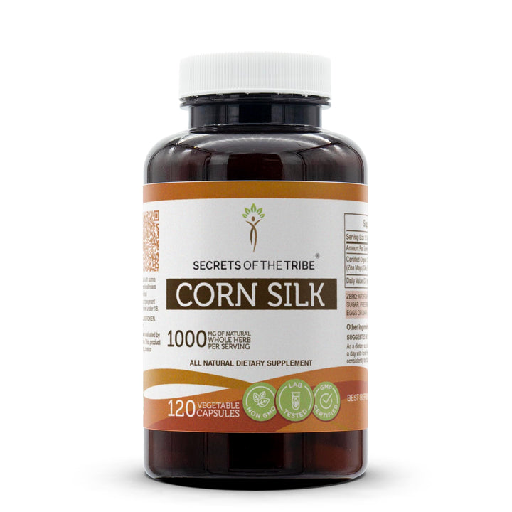 Secrets of the Tribe Corn Silk capsules bottle front showing organic quality for daily wellness.