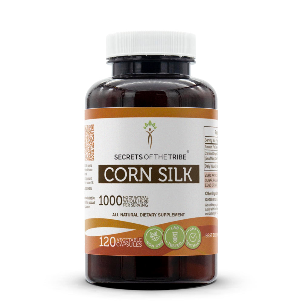 Secrets of the Tribe Corn Silk capsules bottle front showing organic quality for daily wellness.