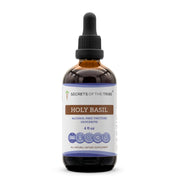 Secrets of the Tribe Holy Basil tincture bottle shows alcohol-free extract for daily wellness.