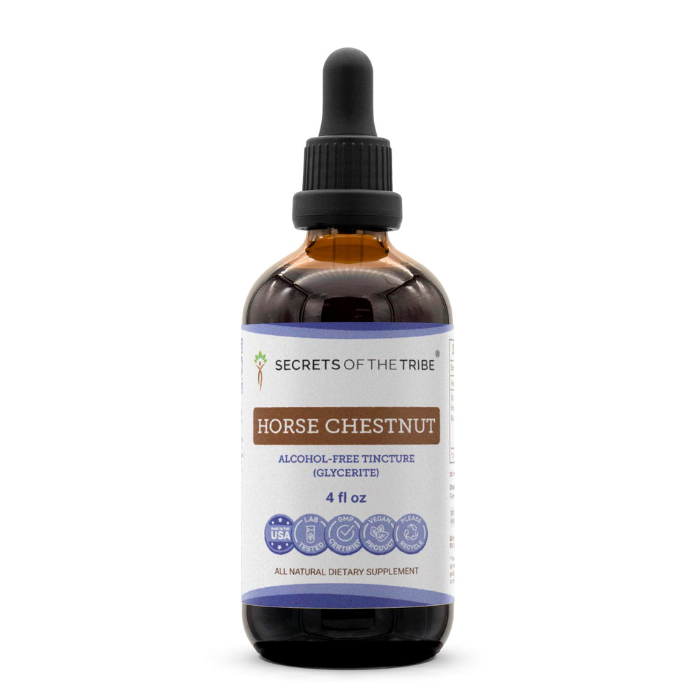 Secrets of the Tribe Horse Chestnut Tincture bottle shows alcohol-free extract for daily use.