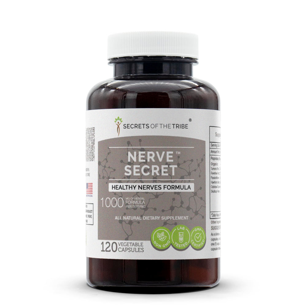 Secrets of the Tribe Nerve Secret bottle label highlights gluten-free, natural capsules.
