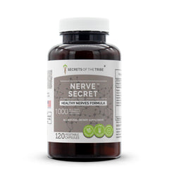 Secrets of the Tribe Nerve Secret bottle label highlights gluten-free, natural capsules.