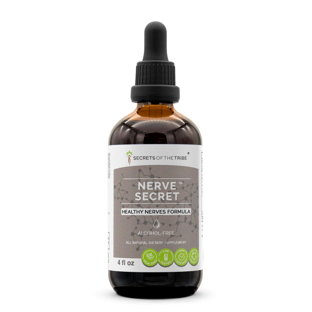 Secrets of the Tribe Nerve Secret bottle pour shows easy, alcohol-free dosing.
