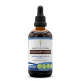 Secrets of the Tribe nettle extract bottle close-up, highlighting an alcohol-free herbal formulation