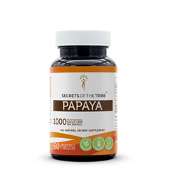 Secrets of the Tribe papaya bottle front with label and capsules for easy daily use.