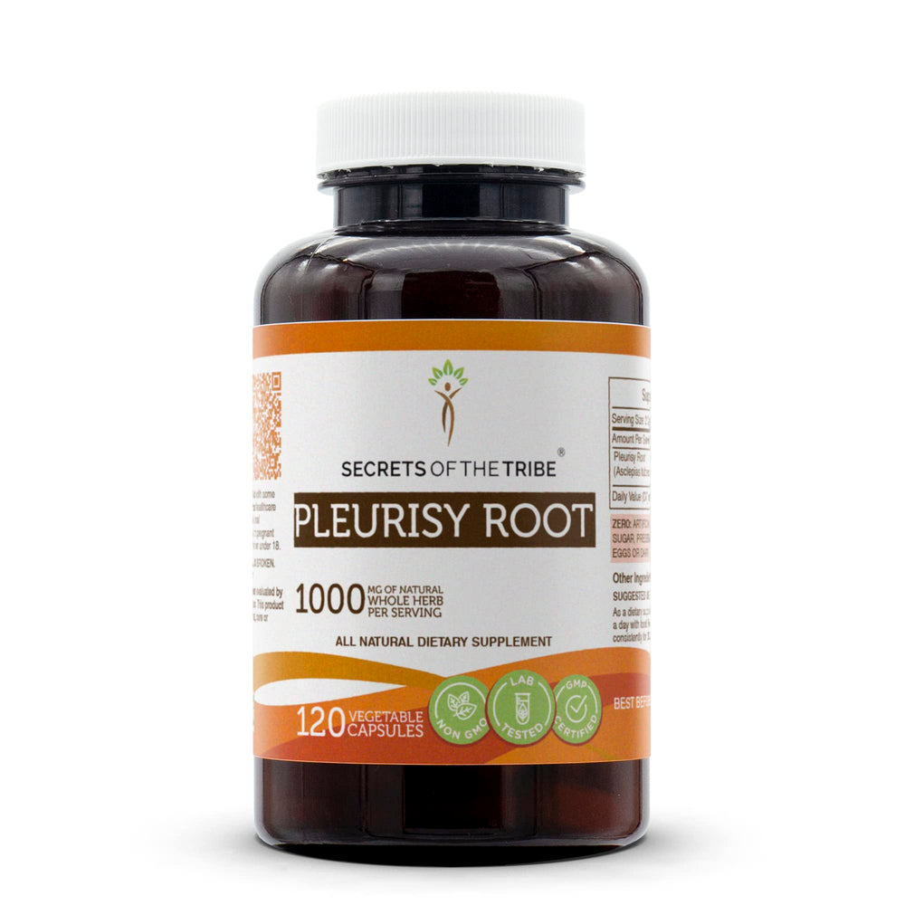 Secrets of the Tribe pleurisy root capsules bottle shows vegan daily-use supplement.