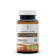 Secrets of the Tribe red raspberry capsules bottle, convenient vegetarian supplement for daily use.