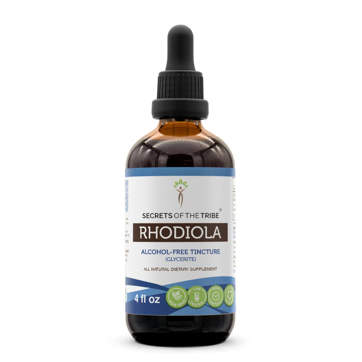 Secrets of the Tribe Rhodiola tincture bottle highlights alcohol-free energy support.