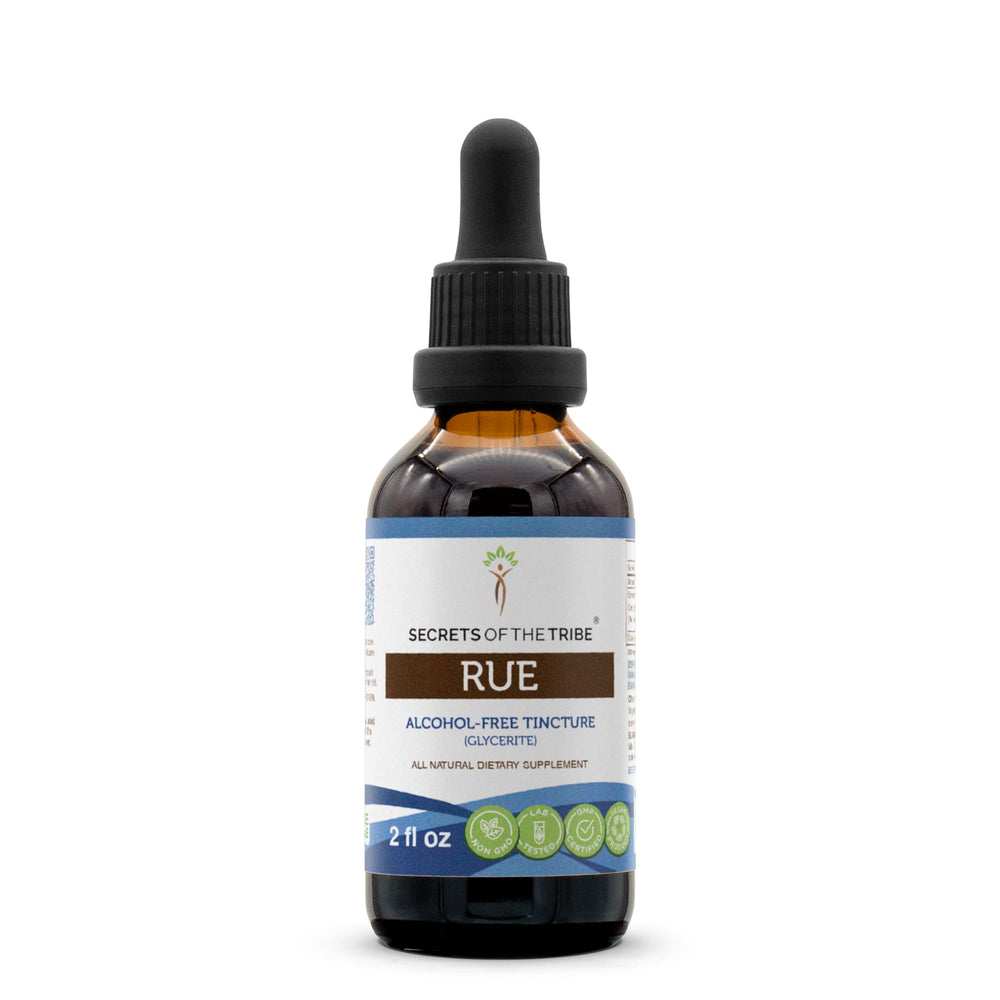 Secrets of the Tribe Rue alcohol-free extract bottle front, easy dosing and clean ingredients.