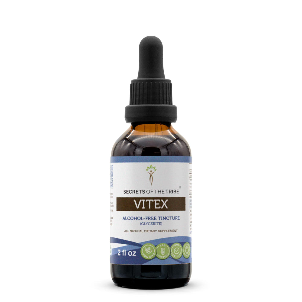 Secrets of the Tribe Vitex tincture bottle showcases alcohol-free extract for daily wellness.