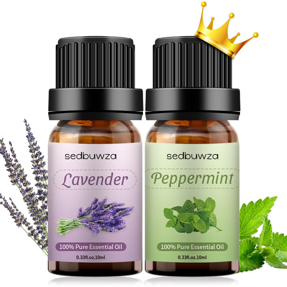 Sedbuwza lavender peppermint oil set packaging with amber bottles for aromatic blends.