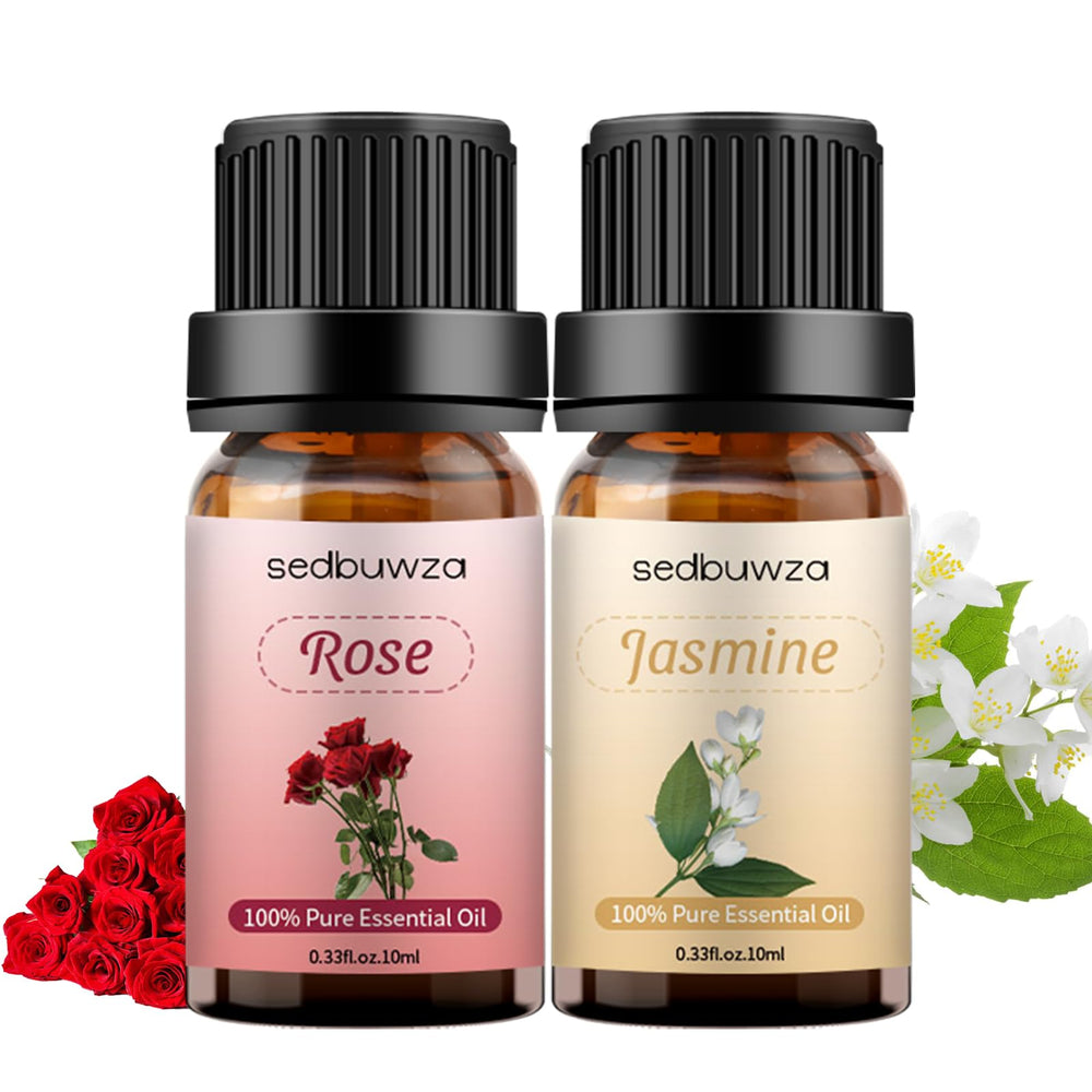 Sedbuwza Rose Jasmine essential oil set bottles ready for diffuser use