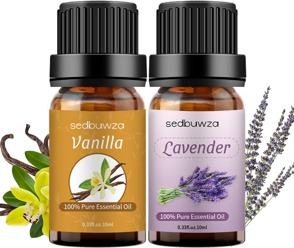 Sedbuwza vanilla lavender oil set in amber bottles for diffusion.