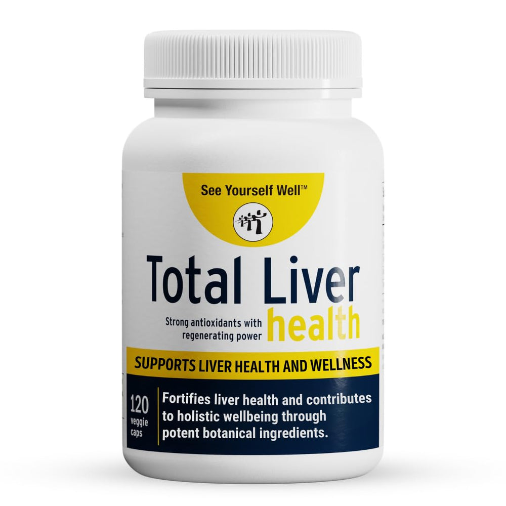 See Yourself Well total liver health bottle front shows vegan capsules for daily support.