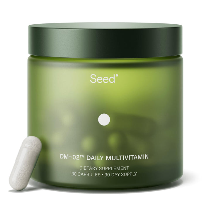Seed DM-02 daily multivitamin bottle showing vegan foundation nutrition