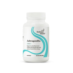 Seeking Health Ashwagandha adrenal-support bottle highlights daily resilience with potent extract.