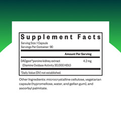 Seeking Health DAO Enzyme bottle back, includes dosage guidance for high-histamine meals.