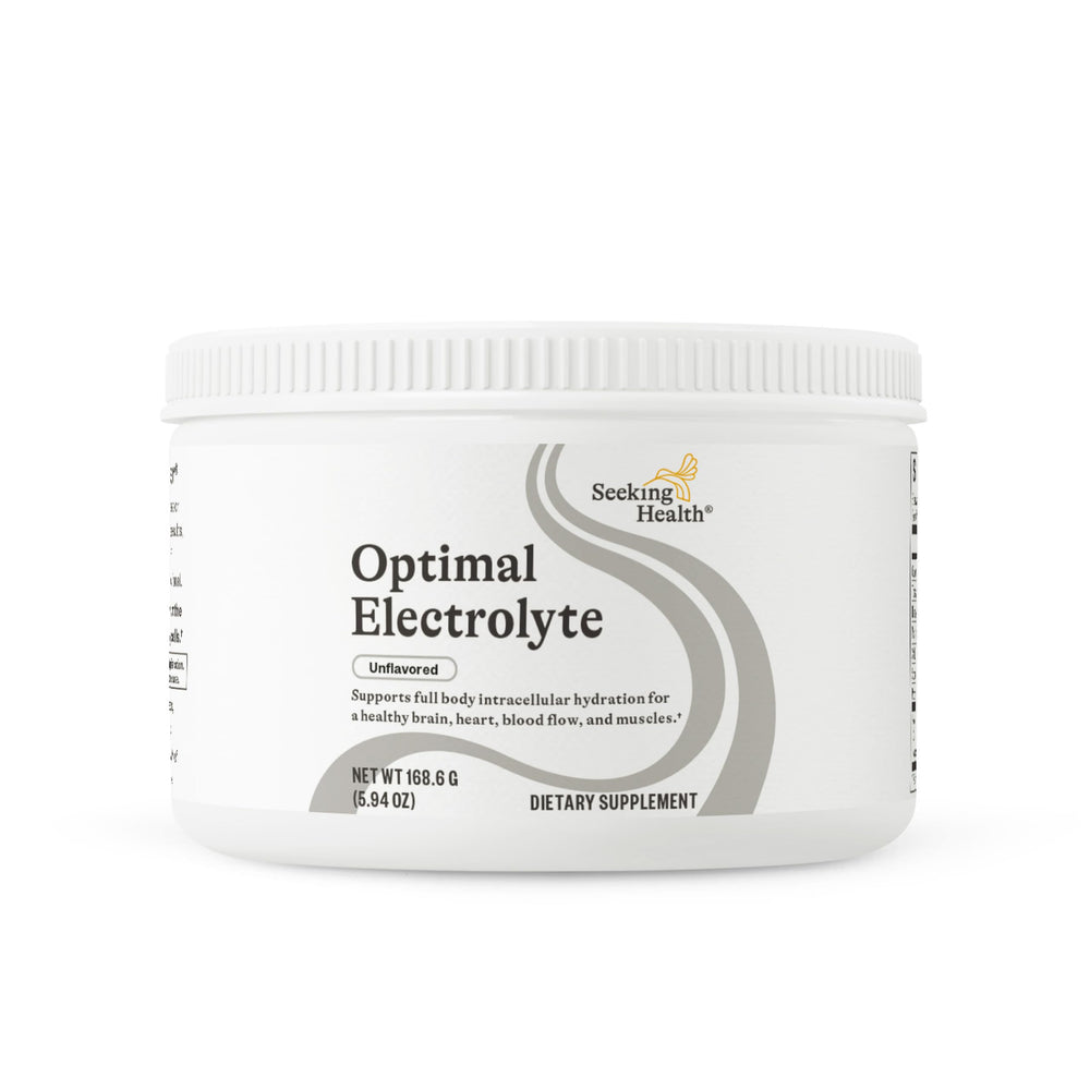 Seeking Health electrolyte powder unflavored bottle showing hydration support for daily activities