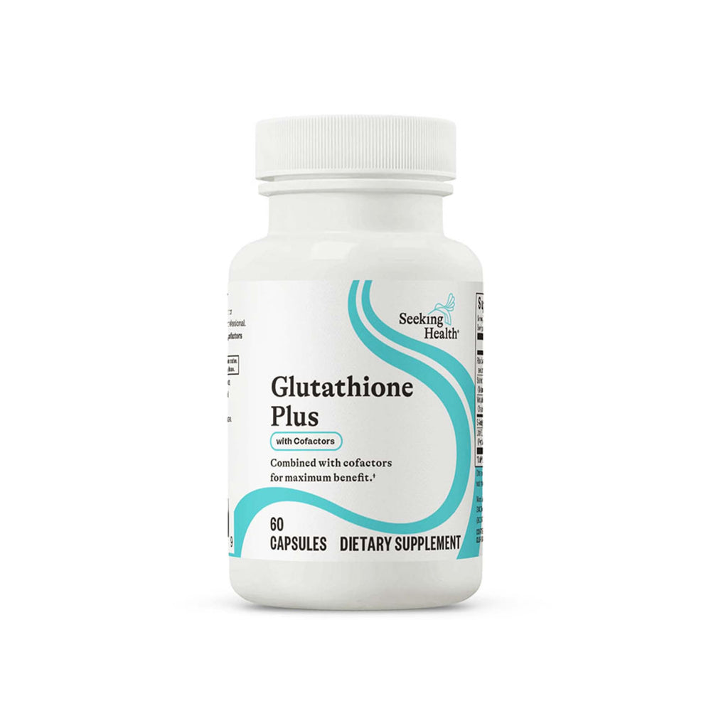 Seeking Health Glutathione Plus bottle with compact capsules for daily support.