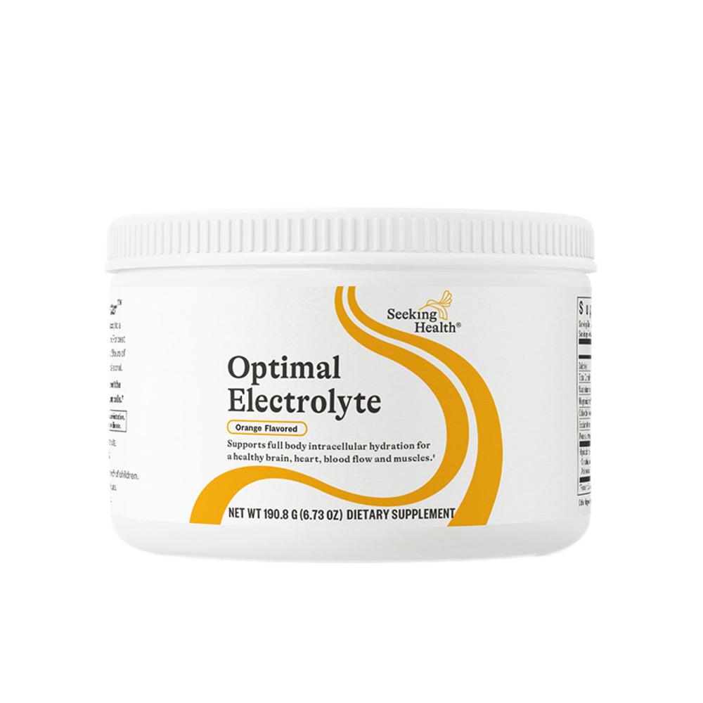 Seeking Health Optimal Electrolyte orange tub ready for daily hydration.