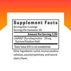 Seeking Health PQQ lozenge label closeup: highlights 20 mg PQQ for brain health support