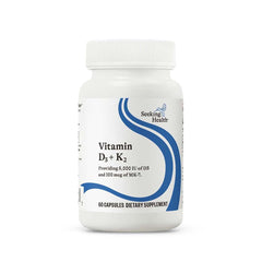 Seeking Health Vitamin D3 + K2 bottle-front view showing essential nutrients and wellness focus.