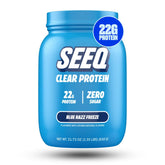 SEEQ Clear Whey bottle pour Blue Razz Freeze for a refreshing post-workout shake.